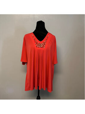 Women's Susan Graver Style size XL Coral Tunic Top with Gold Embellishments